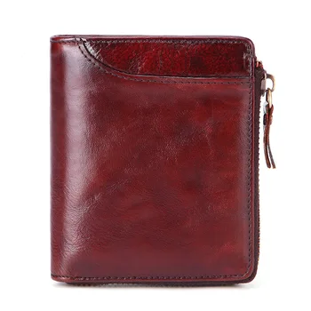 

New Mens Short Wallet Genuine Leather Retro Oil Wax Leather Mens Bag Casual Zipper Security Vertical Coin Purse