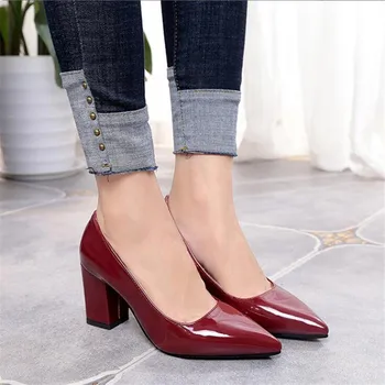 

2019 New Women Pumps Black High heels 7.5cm Lady Patent leather Thick with Autumn Pointed Single Shoes Female Sandals Big 33-43