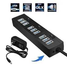 10 портов USB концентратор светодиодный USB 3,0 высокоскоростной 5 Гбит/с USB разветвитель с переключателем включения/выключения адаптер питания для ПК ноутбук Compute аксессуары