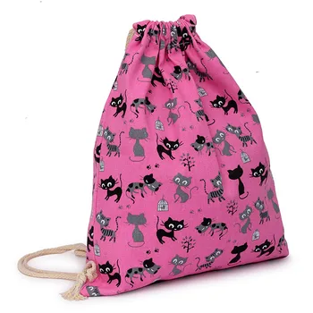 

Cartoon Printing Canvas Patchwork Drawstring Hanging Sack Sport Beach Travel Outdoor Backpack Pouch Bag Backpack 2019 New