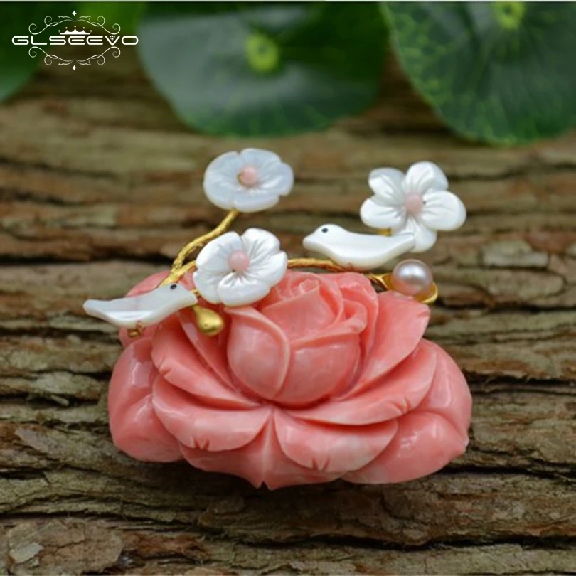 

XlentAg Natural Mother Of Pearl Coral Flower Brooch Birds Brooches For Women Fashion Jewelry Dual Use Luxury Jewelry GO0091