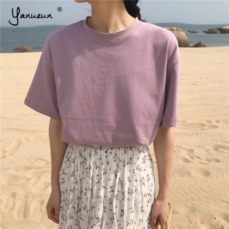 

Yanueun 2019 Hot O-Neck T-shirts Women Soft Candy Color Basic T-shirt Casual Cotton Tops Short Sleeve Women Top Tees