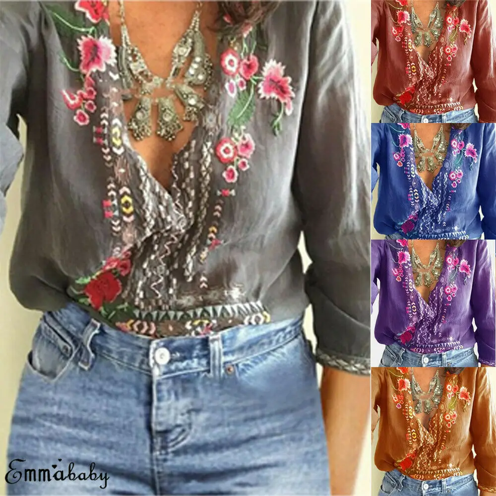 

Women's Floral Boho Summer Top Loose Long Sleeve V Neck Beach Blouse Shirts Tops Plus Size 3XL