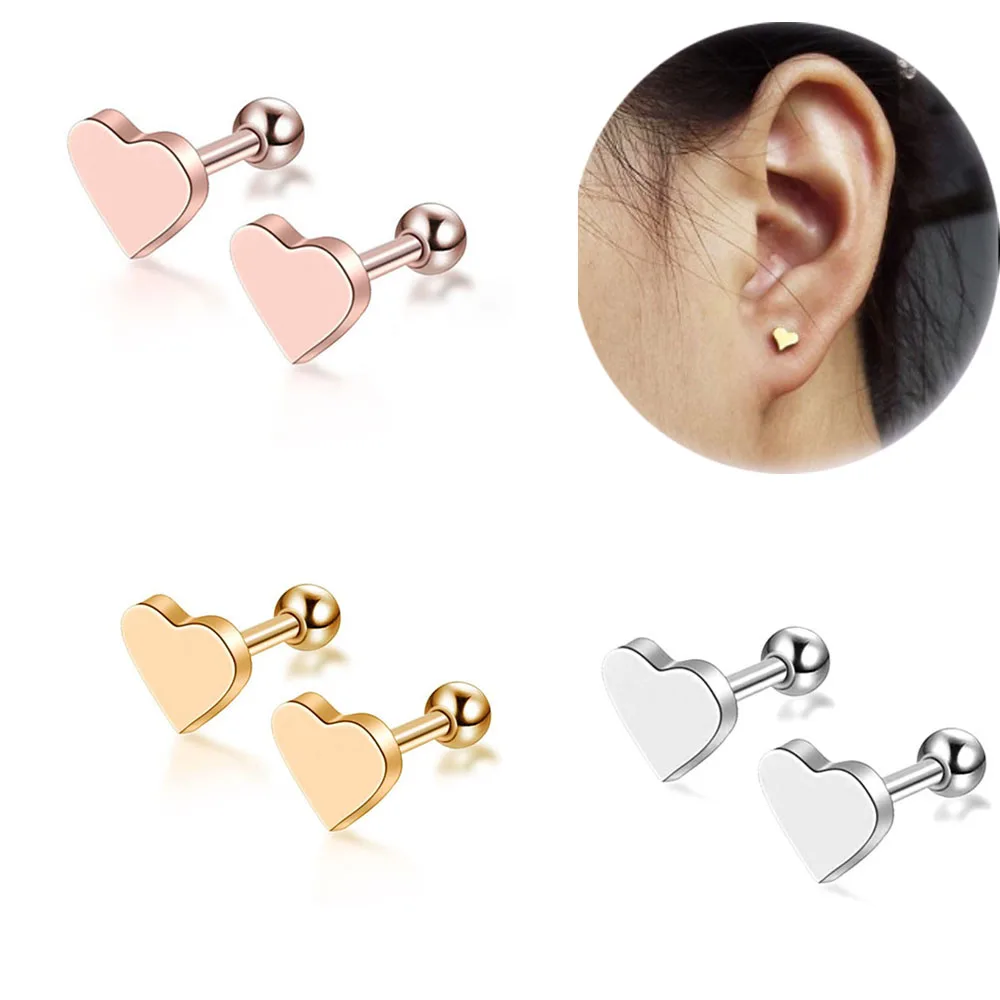 

2pcs/lot Lovely Heart Stud Earrings Tragus Barbell Piercings Cartilagem Rose Gold Conch Helix Stud Ear Piercings Jewelry
