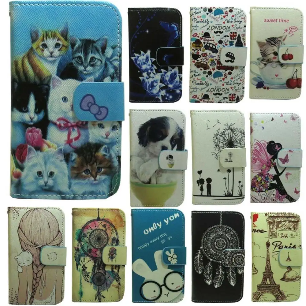 

1x Butterfly Skull Flower Girl Wolf Cat Dog UK US Flag Seashell Wallet Flip case cover for Alcatel Pop 4 4S 4+ Plus