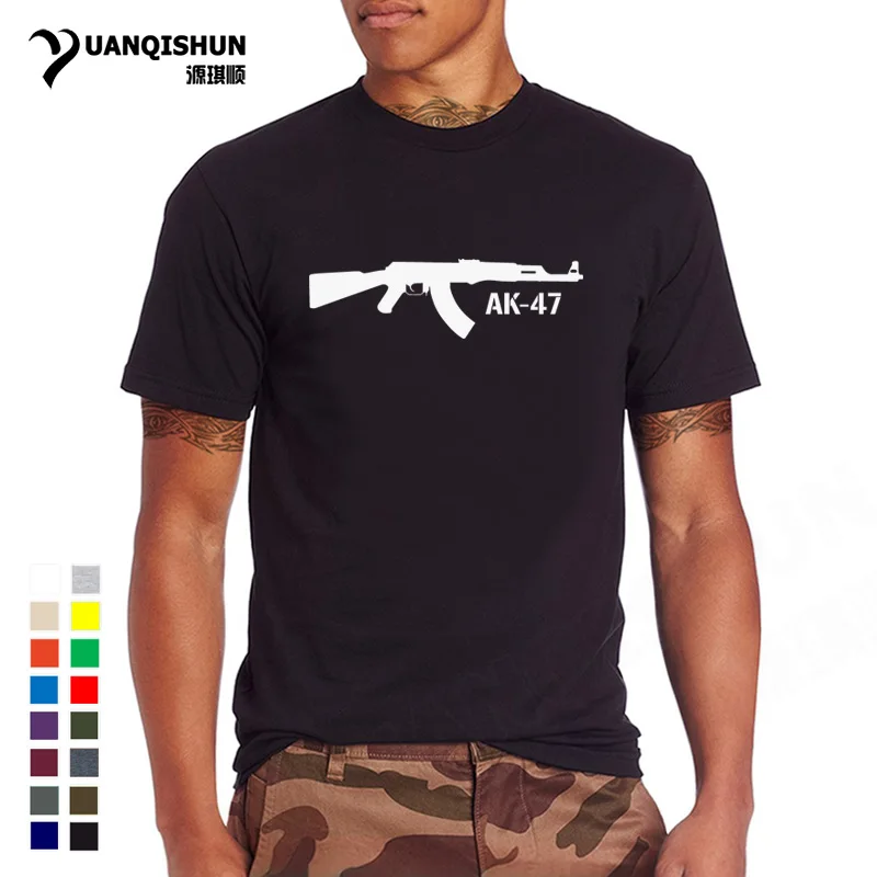 16 Цвета хлопок Повседневная футболка Ak47 Калашникова печатных Одежда высшего качества Для мужчин футболка смешные AK-47 пистолет футболки Повседневное Дизайн 3XL