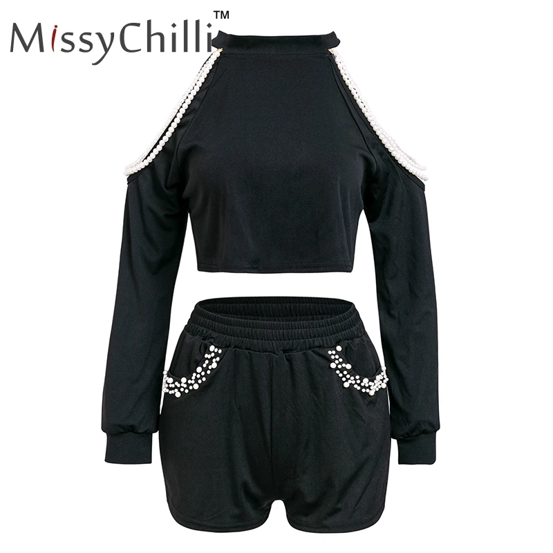 MissyChilli Black off shoulder halter pearl sexy jumsuit rompers Women summer two piece set Playsuit long sleeve club overalls