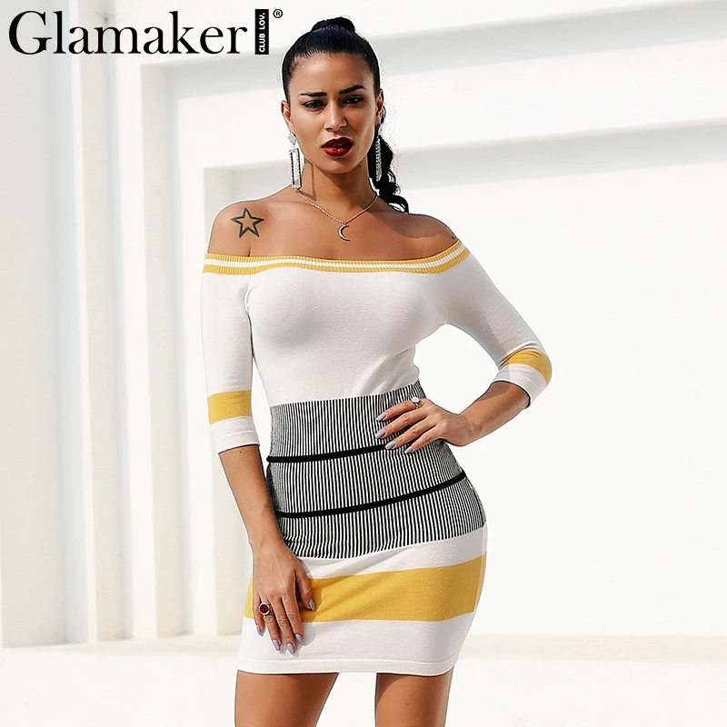 

Glamaker White stripe off shoulder sexy dress Women spring knitting combine summer sweater dress Fitness club party dress robe
