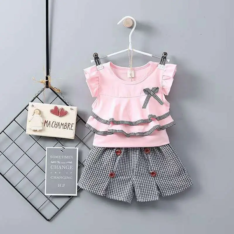 

Girl Clothes Set Summer Ruffle Sleeve O-Neck Bowknot Multi-layered Plaid Baby Girl Clothes Infant Suit Toddler Girl Outfits Set