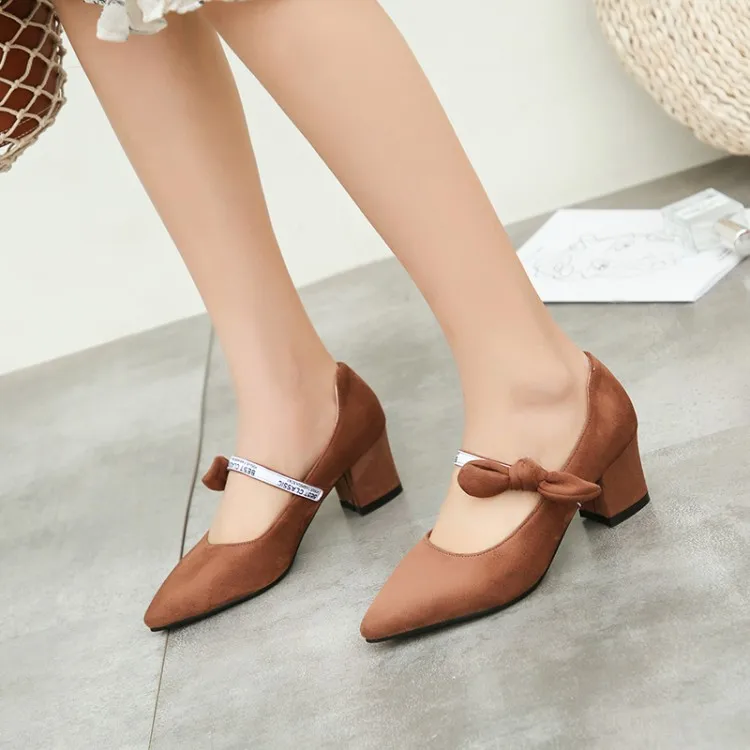 

Big Size 9 10 11 12 Ladies High Heels Women Shoes Woman Pumps Pure pointed suede butterfly knot thick-heeled single shoes