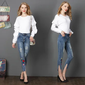 

Women Flowers Embroidery Slim Ankle-length Ripped Jeans 2018 New Female Fashion Classic High Waist Denim Pencil Pants Plus Size