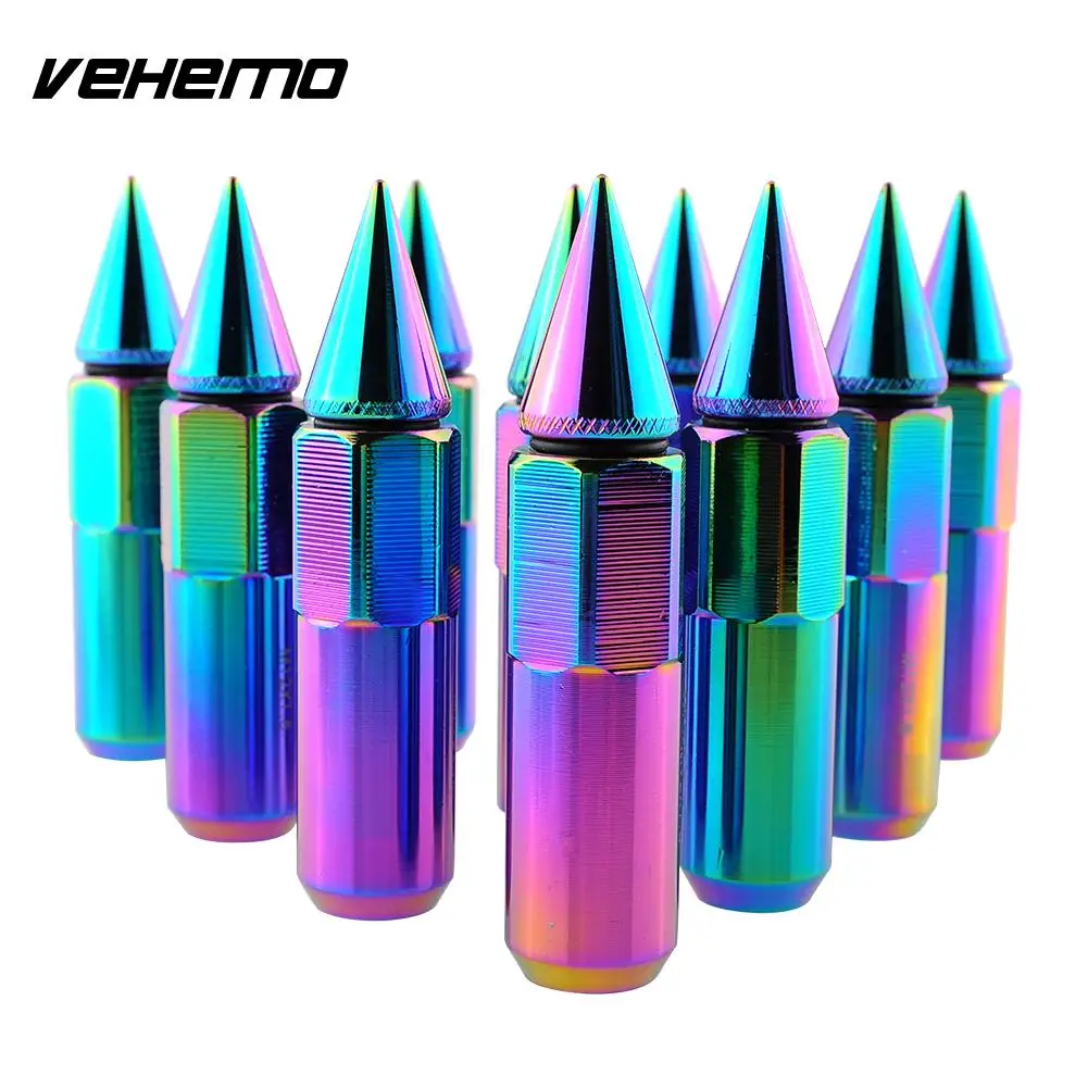 16pcs 24K NEO Chrome Spiked 90MM Extended Lug Nuts For Wheels Rims Tyre