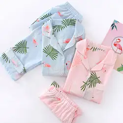 Весна длинным рукавом двойной слой хлопка Пижама с тесьмой Фламинго Loungewear Для женщин Pijama Sexy пижамы плюс Размеры пижамы домашние пижамы