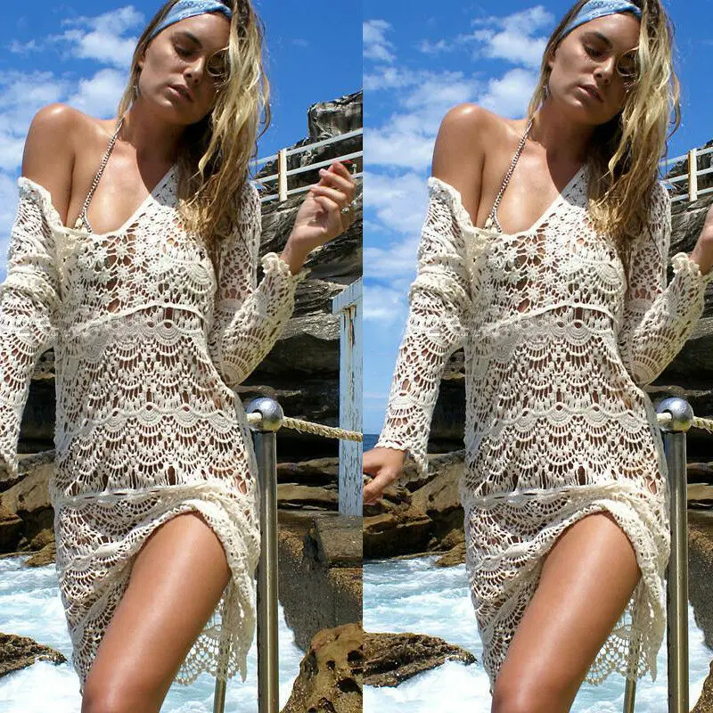 Сексуальное женское однотонное белое бикини, вязаное крючком пляжное платье, купальник, кружевной купальный костюм, летний праздничный костюм - Цвет: Бежевый