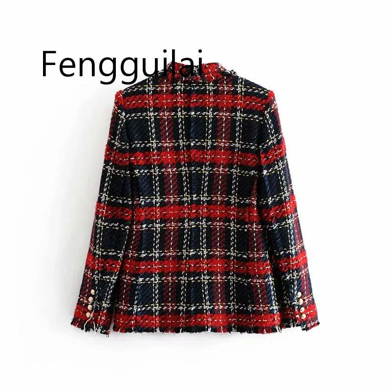 Autumn Winter Fashion  Tweed Skirt Suits Women Mini Skirt Elegant Office Lady Double Breasted Frayed Checked Plaid Blazer Casaco