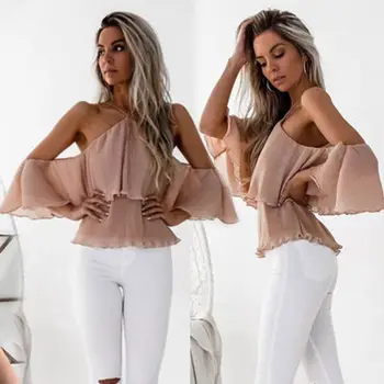 

New 2017 Womens Off The Shoulder Ruffles Blouse Summer Tops Ladies Blouses Casual Stretch Shirts