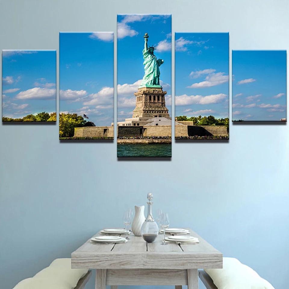 

HD Wall Art Modern Home Decor Printed Canvas Paintings Posters 5 Panel Statue Of Liberty Landscape Tableau Modular Pictures