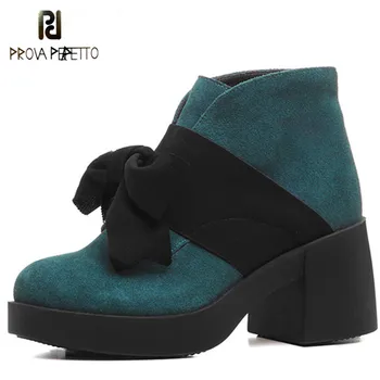 

Prova Perfetto Fashion Cute Bowtie Platform Boots Women Thick High Heeled Ankle Boots Genuine Leather Shoes Woman Short Boots