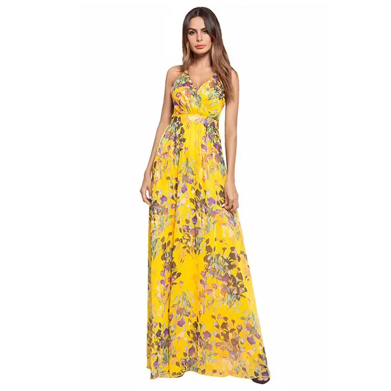 

Girl Yellow Floral Print Sexy Backless V Neck Women Maxi Dresses Summer Split Backless Beach Long Vestidos Boho Dress