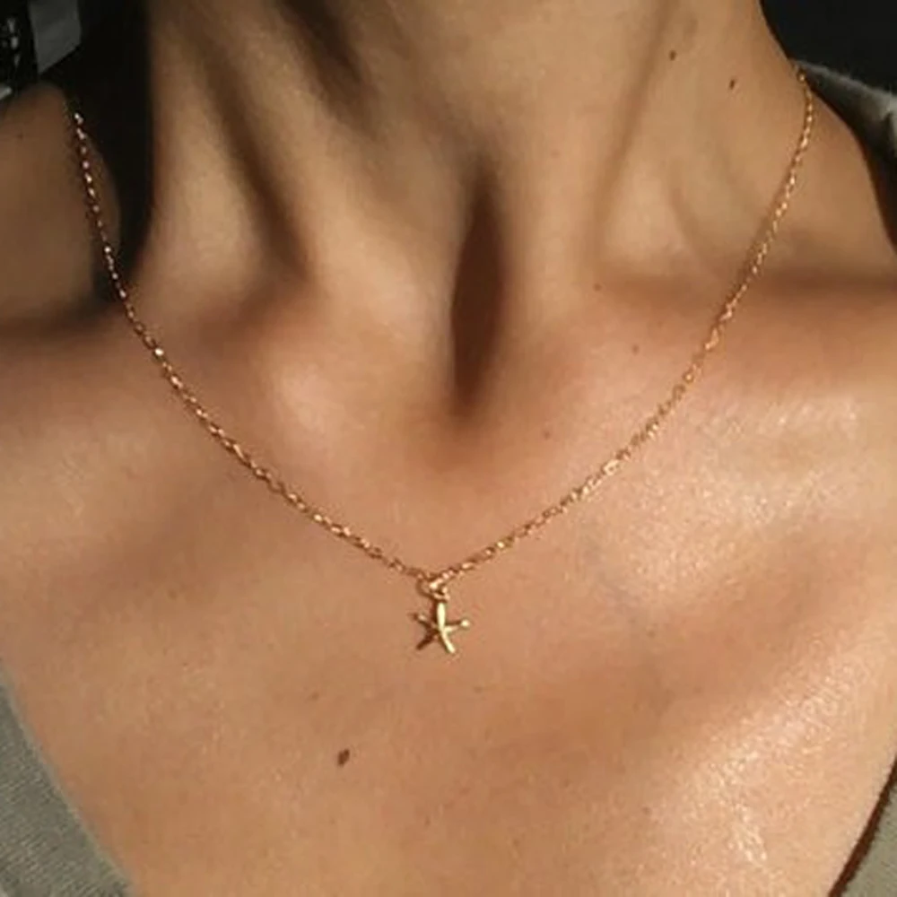 

Women Summer beach accessories Tiny Gold Filled Starfish Necklace L121