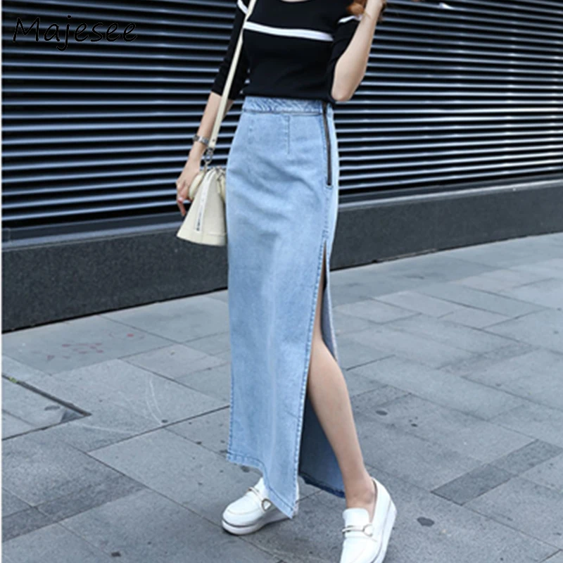 Korean Style Elegant Denim High Waist Skirts Slit To The Thigh Skirt