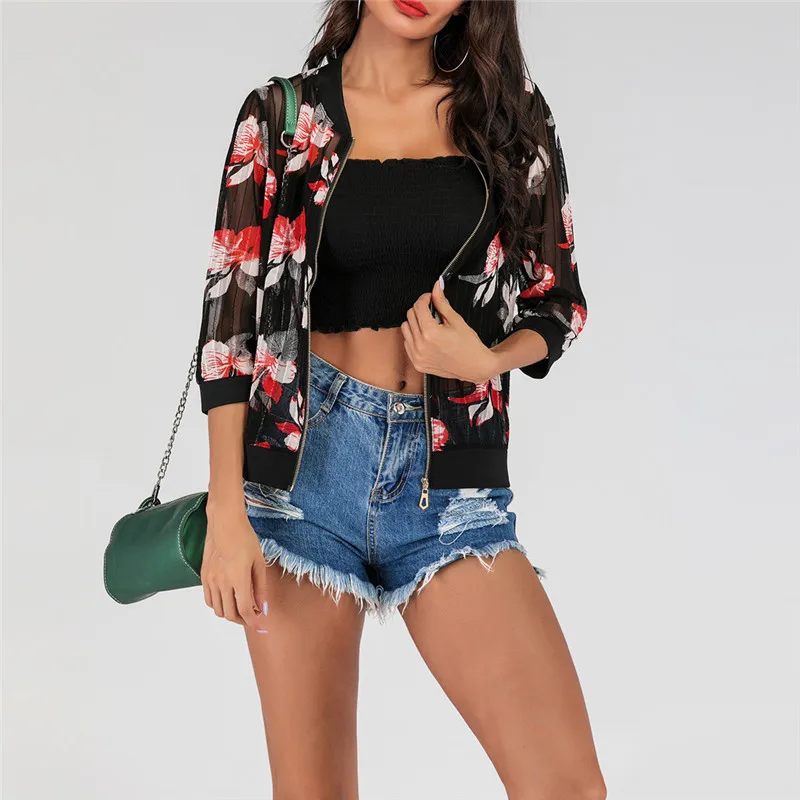 

Women's 7-Sleeve Large Size Print Lightweight Sunscreen Zip Top Cardigan Coat Cardigan Tops Jaqueta Feminina Beach Trench Y1#