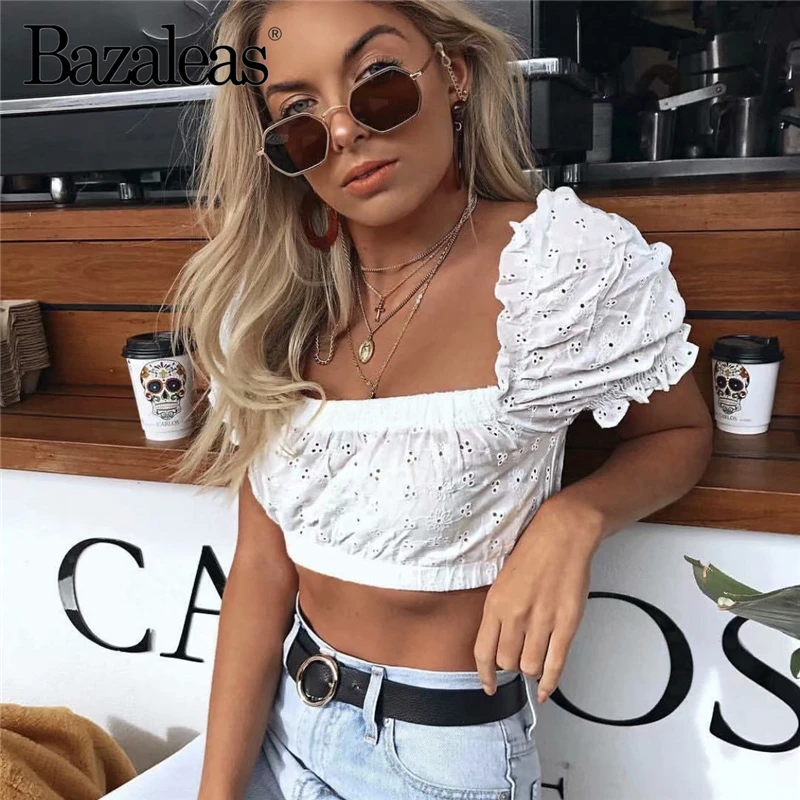 

Bazaleas White Chic Crop Top Vintage Hollow Out Cotton T Shirt women Slim Lace women Cropped T-shirt drop shipping