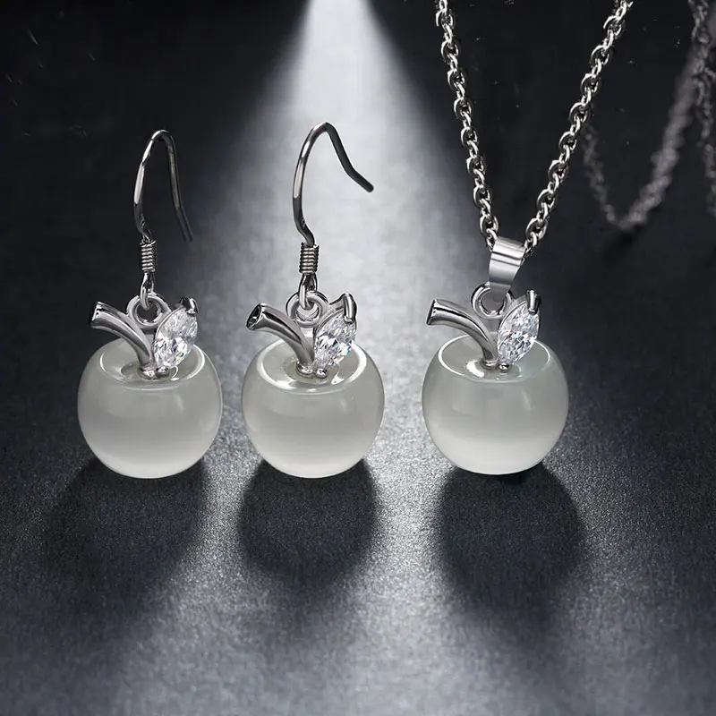 white Sets Manxiuni Luxury кошачий глаз камень женщины комплект ювелирных изделий с Австрии Кристалл Серебряная цепочка аксессуары розовый опал серьги серьги кошачий глаз - Окраска металла: white Sets