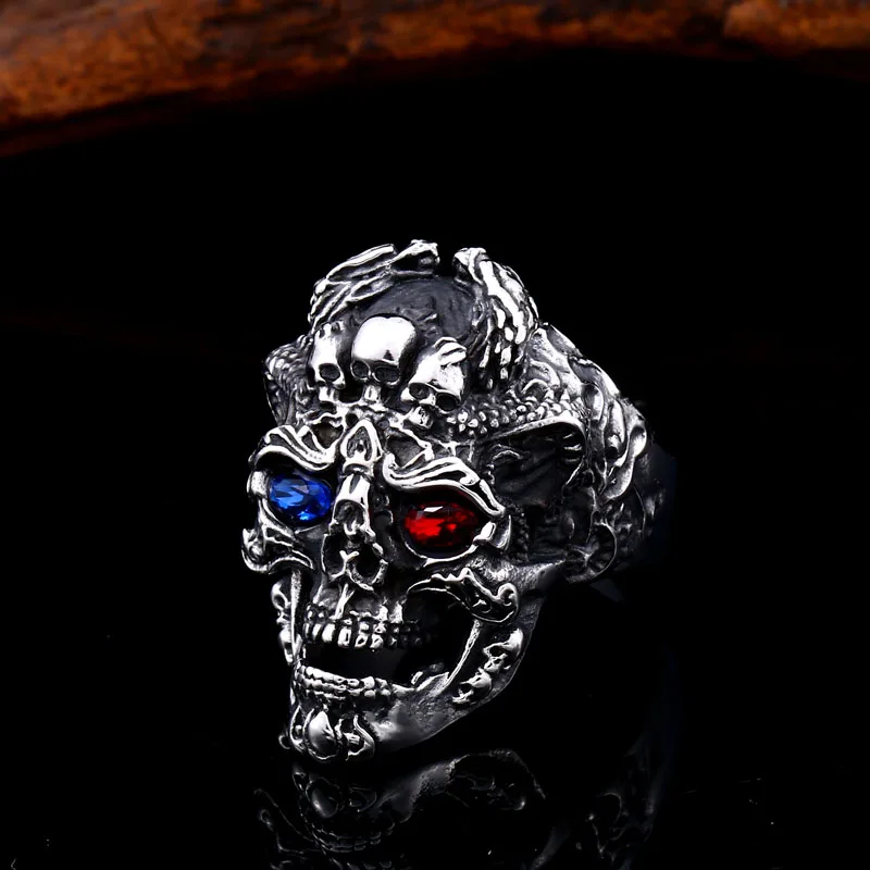 BEIER punk cool three skull With Blue/red eye Ring Stainless Steel Punk fashion for men jewelry Halloween party BR8-647