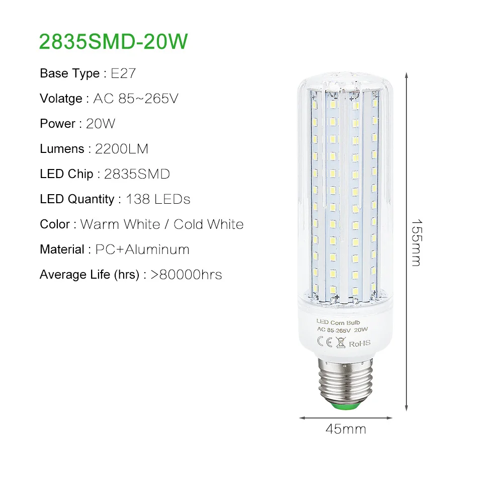Без мерцания ультра-яркая подсветка с E27 E26 светодиодный лампы кукурузы AC 85-265 V 5 W 10 W 15 Вт, 20 Вт, 25 Вт, 35 Вт, 45 Вт реальные Мощность лампочки - Испускаемый цвет: 20W real