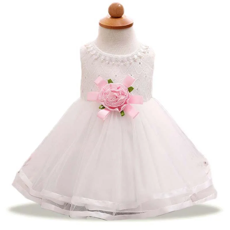 

2017 Baby girls flower dresses Rose pearl white dress girl wedding clothes bapteme princess ball gown vestidos bebe bautizo