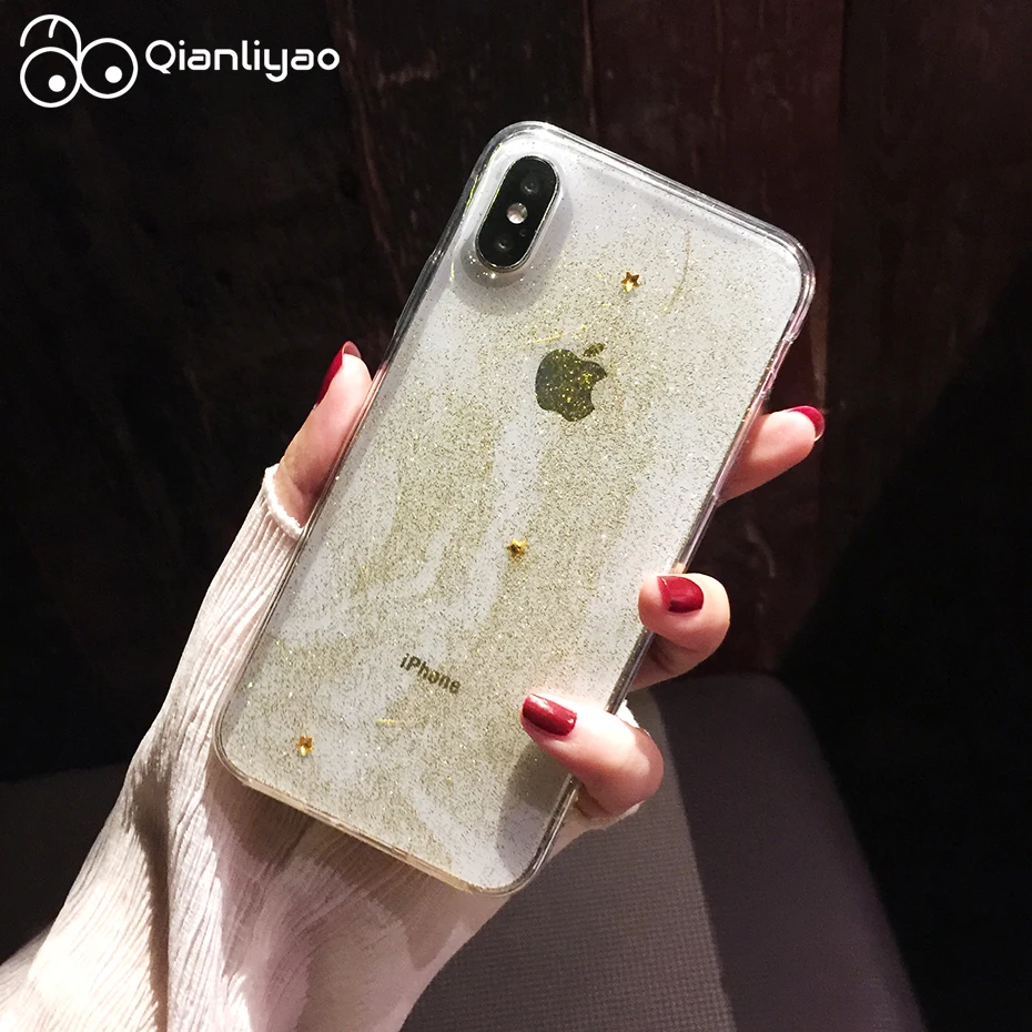 

Qianliyao Gold Glitter Powder Stars Phone Case For iPhone X XS Max XR 6 6s 8 7 Plus Cases Transparent Soft TPU Back Cover Coque