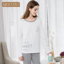 Осень, женские повседневные пижамные комплекты, женская футболка с длинным рукавом и круглым вырезом+ штаны, Женский хлопковый пижамный комплект XXL из двух предметов