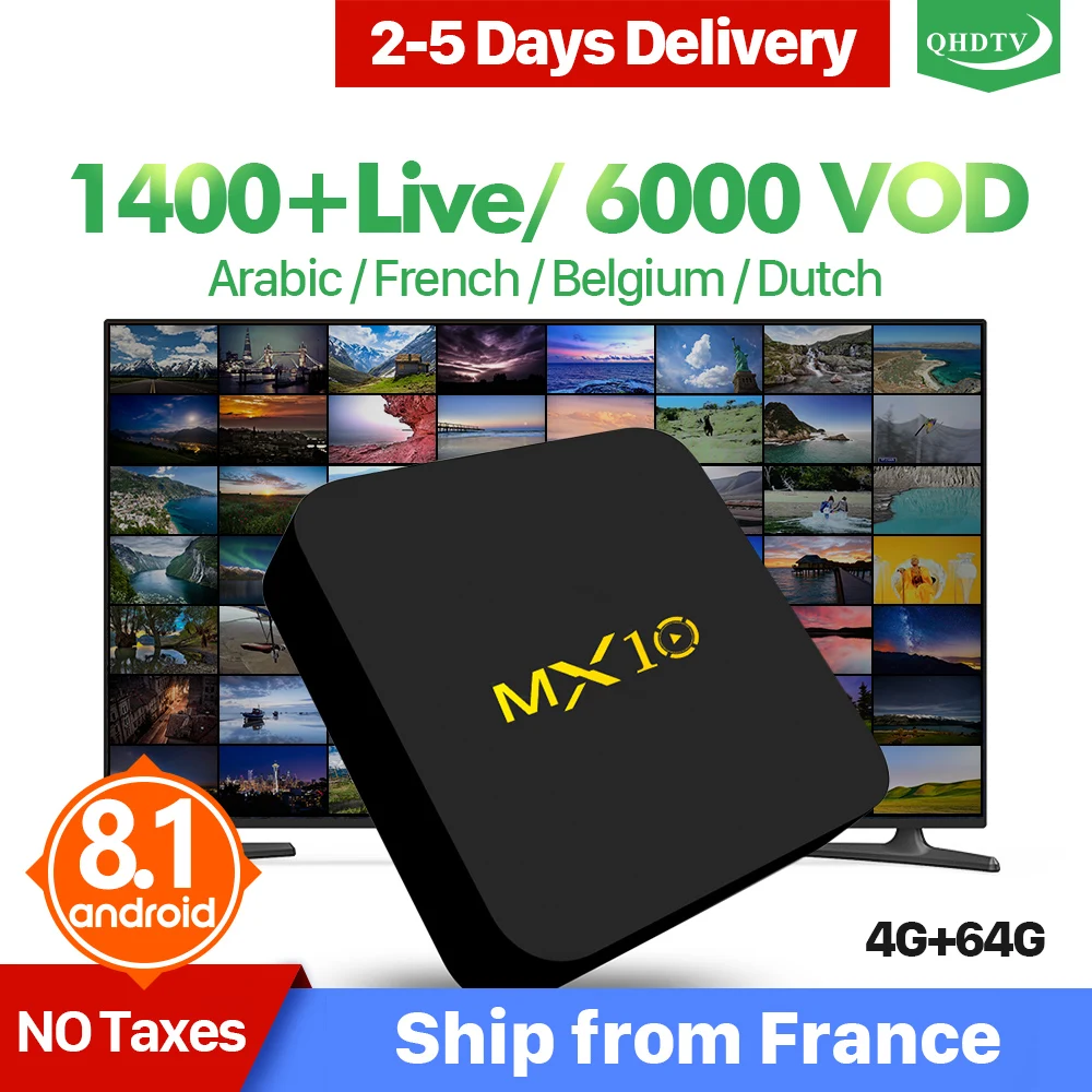 

France Arabic IPTV QHDTV Android 9.0 MX10 4+64G USB3.0 Netherlands Algeria Belgium French QHDTV Subscription IPTV Set Top Box