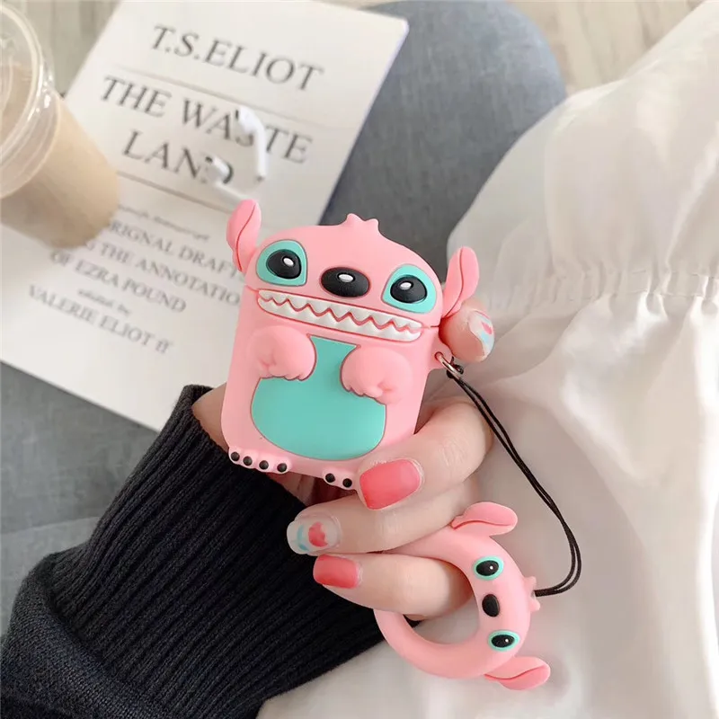 Super cute 3D Stitch cartoon silicone protection ring lanyard Wireless Earphone Charging case for AirPods 1 2 Bluetooth cover