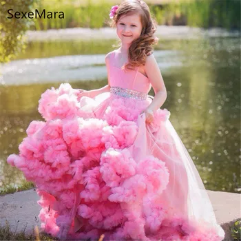 

Pink Cloud Ball Gown Flower Girl Dresses For Weddings V-neck Tulle Ruffles Crystals First Communion Dresses For Little Girls