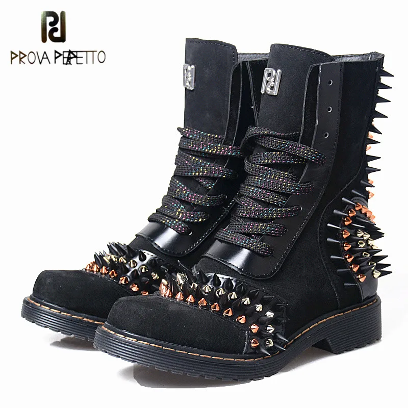 

Prova Perfetto Punk Style Rivets Genuine Leather Patchwork Mid High Boots Fashion Thick Bottom Round Toe Lace Up Woman Boots