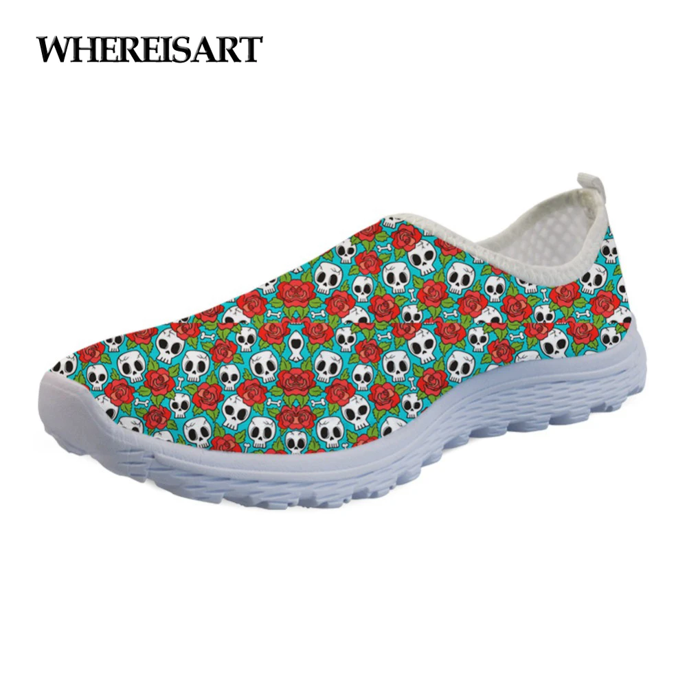 

WHEREISART Spring Summer Women Flats Shoes Casual 3D Skull Floral Pattern Comfortable Mesh Air Ladies Loafers Shoes Woman Beach