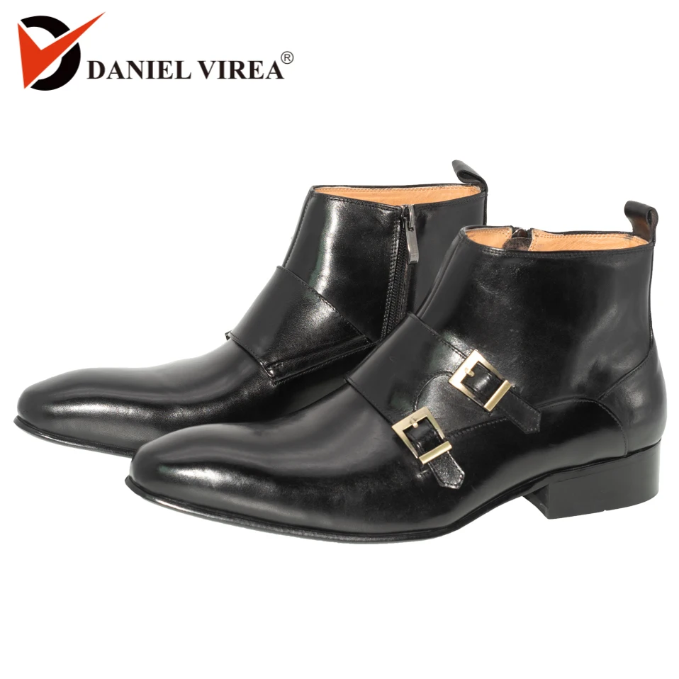 

Men Dress Leather Basic Boots Black Color Fashion Delux Buckle Strap Zip Ankle Mens Pointed Toe casual ankle Dress Oxfords Shoes