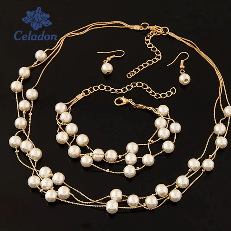 

3pcs/set Simulated Pearl Double Layer Necklace Earrings Bracelet Jewelry Set Gold and Silver Color Round Shape Fit Women