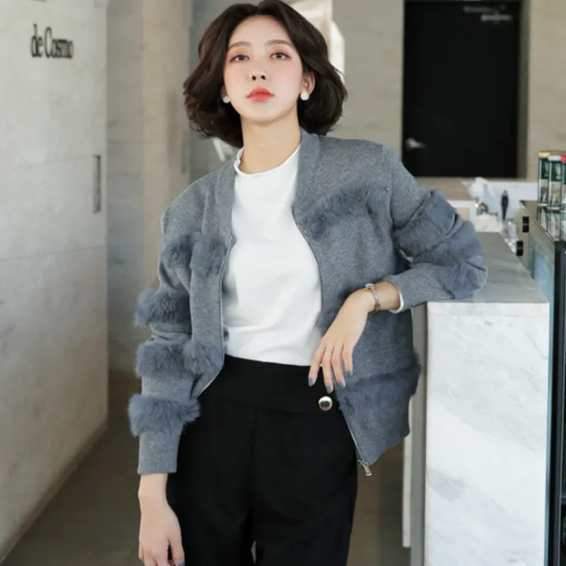 

Rabbit Fur Stitching Zipper Knitted Cardigan Sweater Women's Cardigan Knit Faux Mink Fur Striped Coat Jacket Outwear Bomber Tops