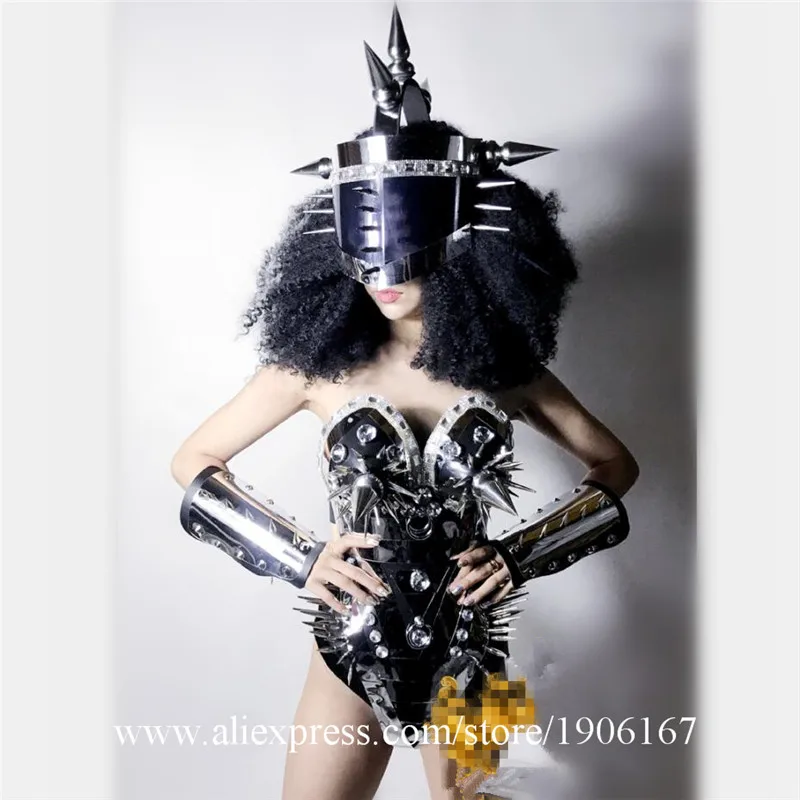  Stage show sexy rivet mirror silver clothe ballroom dance dress bra bar party ktv helmet robot performance wears costume dj06