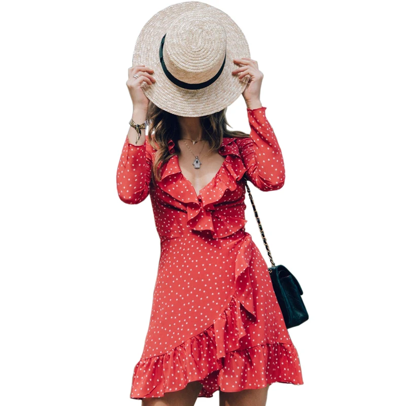 

Lossky Dot Print Sexy Summer Autumn Dress Beach Irregular Bow Wrap Short Dress Women V Neck Long Sleeve Chiffon Dress Vestido