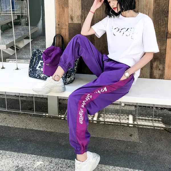 CheerSolo Hip Hop Loose Pants Women Harajuku Purple Sweatpants Side Striped Letter Print Black Trousers Street Style sweatpants