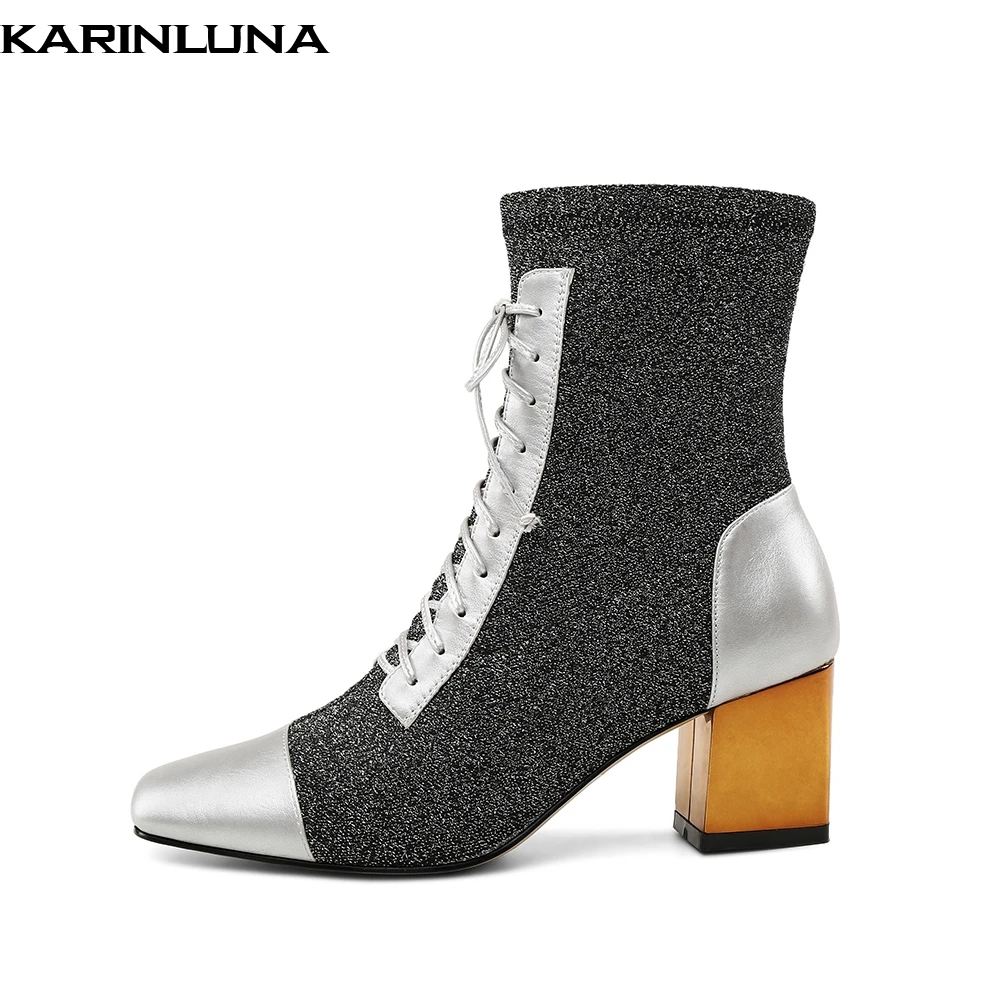 

KARINLUNA HOT SALE 2019 GENUINE LEATHER BLING SQUARE HEELS BOOTS WOMEN SHOES WOMAN FASHION LACE UP SHOES WOMAN ANKLE BOOTS