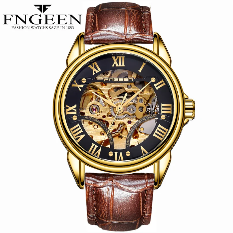 Fashion Hollow Automatic Mechanical Watch Waterproof Leather Belt Men's Gold Watch Business Pointer Couple Watches ZF9776