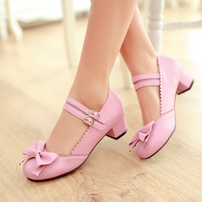 

High Heels Women Mary Janes Party Shoes Pumps 2019 Spring White Shoes Thick High Heel Round Toe Shoes Ladies Black Pink