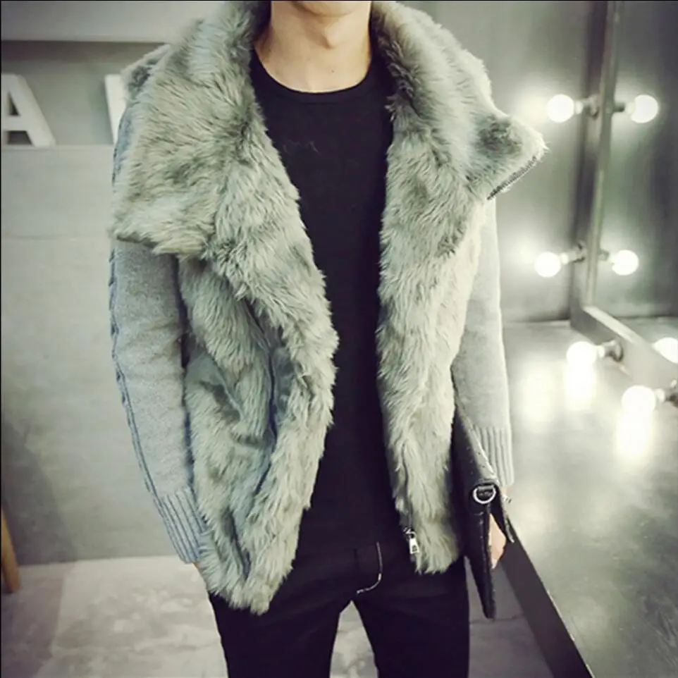 

M-2XL Autumn and winter men tide large collar jacket cotton padded collar lapel plush coat thick patchwork knit sleeve fur coat
