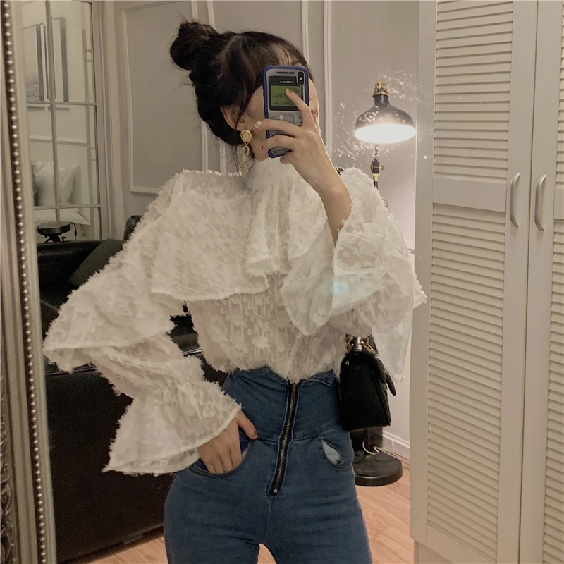

Lychee Girls Ruffles Lace Women Sweet Blouses Stand Neck Long Flare Sleeve Female Blouses Shirts Autumn Spring Blouses