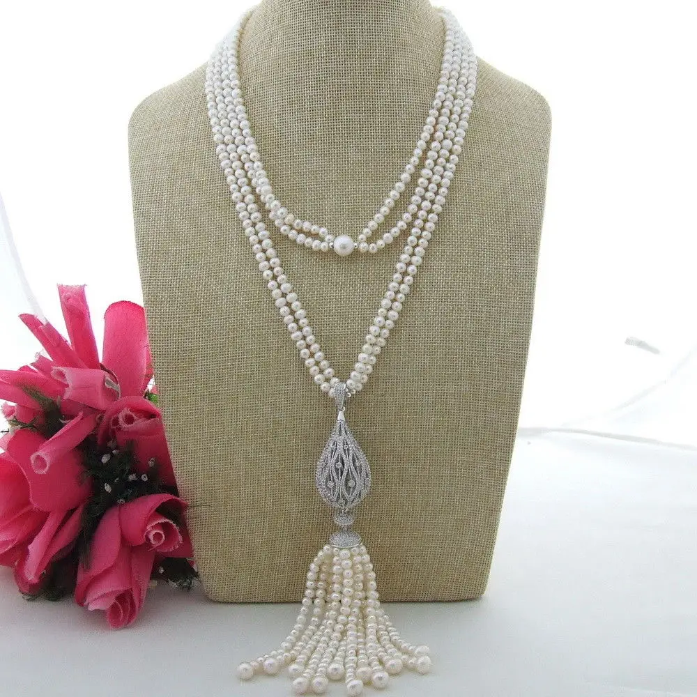 FC121002 41" 2 Strands White Pearl Necklace CZ Pendant